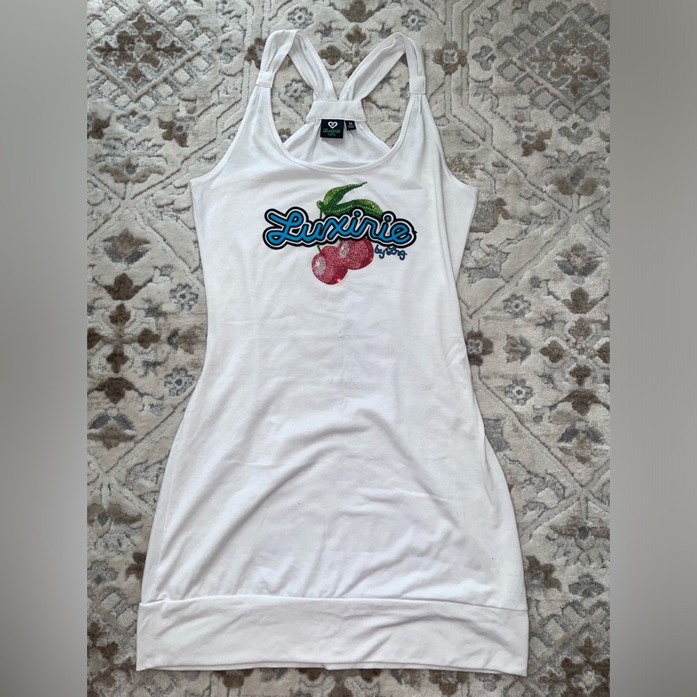 Vintage Luxirie by LRG White tank Dress with Cherry 🍒 Crystal logo design